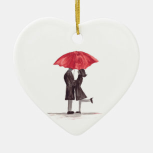 Valentine's day romantic couple with red umbrella ceramic ornament
