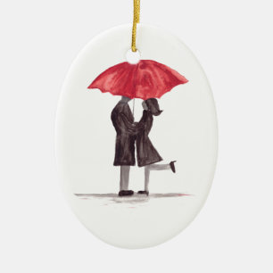 Valentine's day romantic couple with red umbrella ceramic ornament