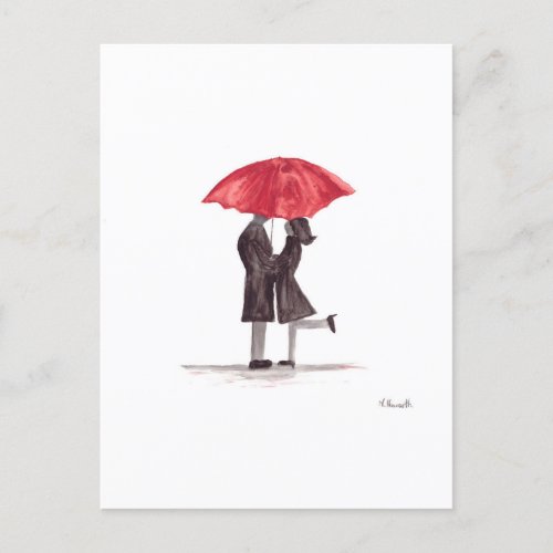 Valentines day romantic couple with red umbrella holiday postcard