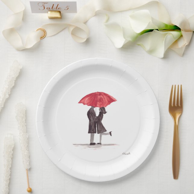Valentine's day romantic couple with red umbrella  paper plates (Wedding)