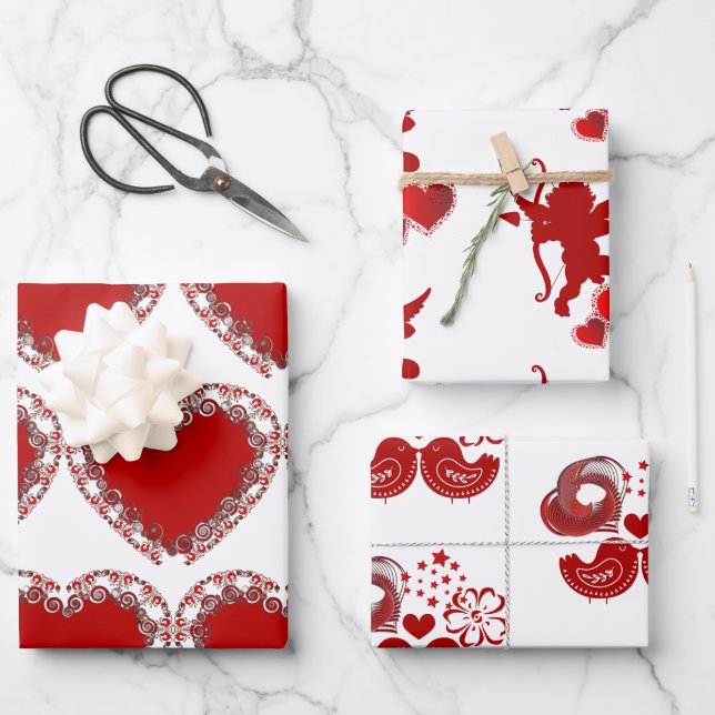  Valentines Day Romantic Heart LoveBirds Cupid Art Wrapping Paper Sheets (Front)