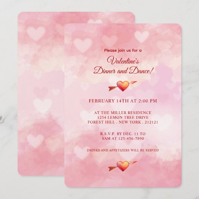 Valentine's Day Romantic Pink Heart  Invitation (Front/Back)