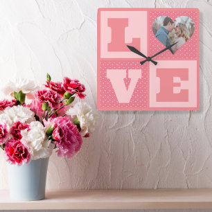 Valentine's Day Romantic Pink Love Heart Photo Square Wall Clock