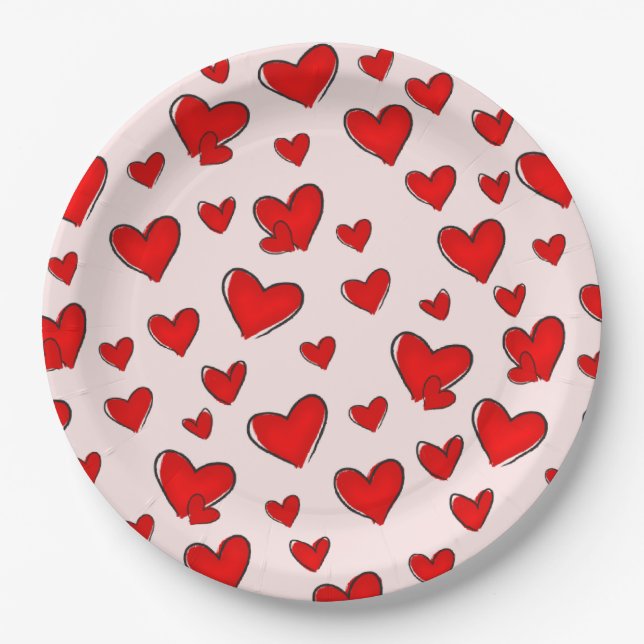 Valentine's Day Romantic Red Hearts Holiday Pink Paper Plates (Front)