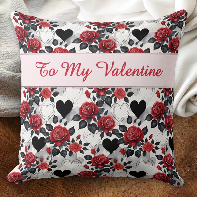 Valentine's Day Romantic Red Roses Black Hearts Throw Pillow (A Valentine's pillow patterned with red roses and black hearts, with custom message on the back)
