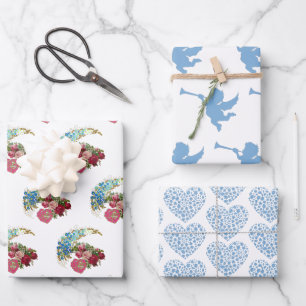 Valentines Day Romantic Rose Cupid Hearts Blue Art Wrapping Paper Sheets