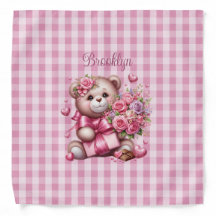 Valentines Day Rose Bear Pink Buffalo Check Plaid