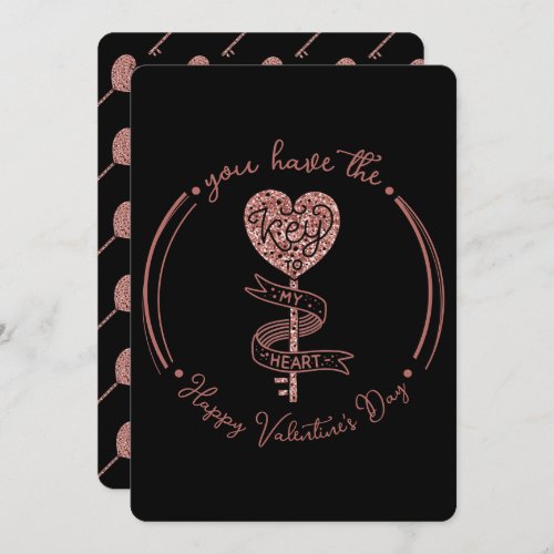 Valentines Day Rose Gold Glitter Black Key Heart Holiday Card