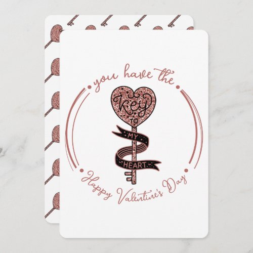 Valentines Day Rose Gold Glitter White Key Heart Holiday Card