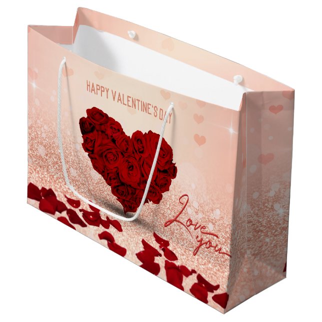Valentine's Day Rose Heart Bouquet Large Gift Bag (Front Angled)