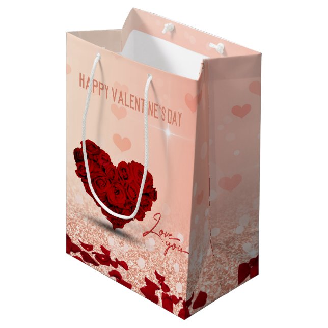 Valentine's Day Rose Heart Bouquet Medium Gift Bag (Front Angled)