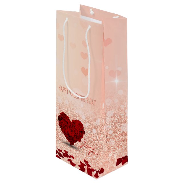 Valentine's Day Rose Heart Bouquet - Wine Gift Bag (Front Angled)