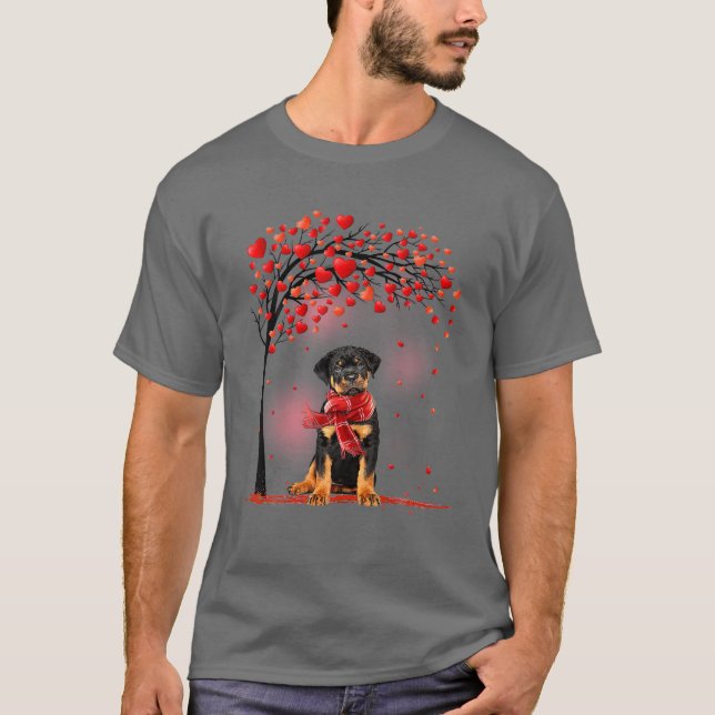 Valentines Day Rottweiler Dog Tree Heart Puppy Dog T-Shirt (Front)