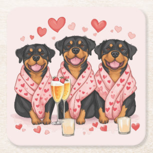 Valentines Day Rottweiler Dogs Square Paper Coaster