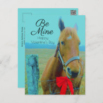 Valentine's Day Rustic Blue Horse  Red Bow Holiday Postcard