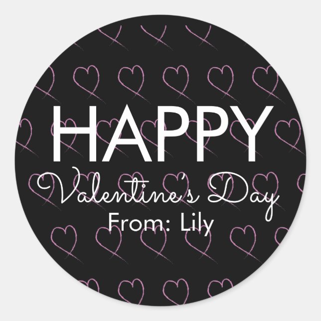 Valentines Day Scribble Hearts Pink Black  Classic Round Sticker (Front)