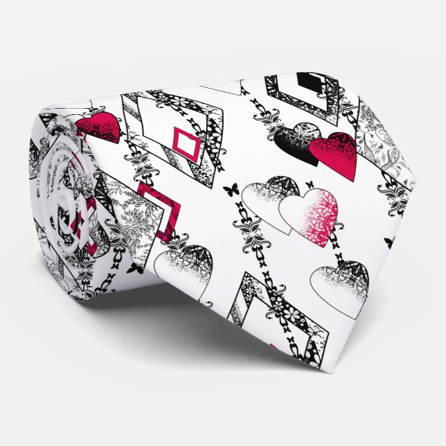 Valentines Day seamless hearts black red white geo Neck Tie (Rolled)