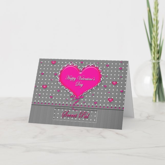 Valentine's Day Secret Pal - Gray/Pink/Polka Dot Holiday Card (Front)