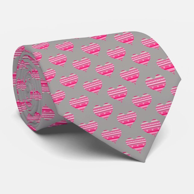 Valentine's Day Shades of Pink and Gray Hearts Neck Tie (Rolled)