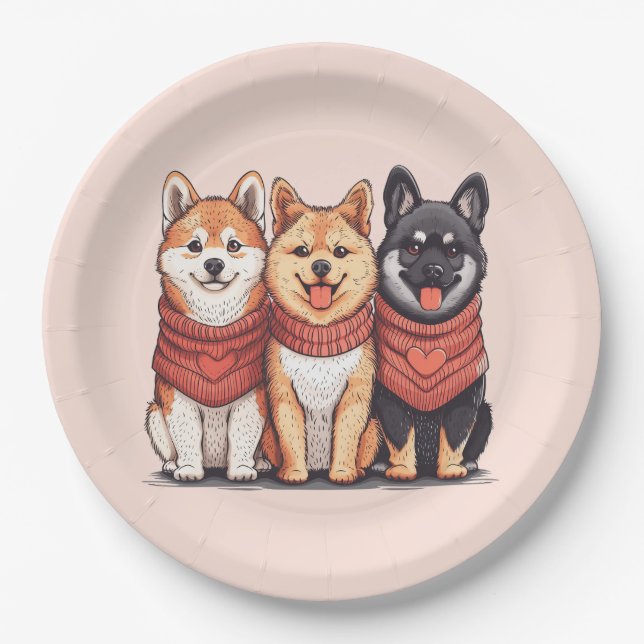 Valentines Day Shiba Inu Dogs Paper Plates (Front)