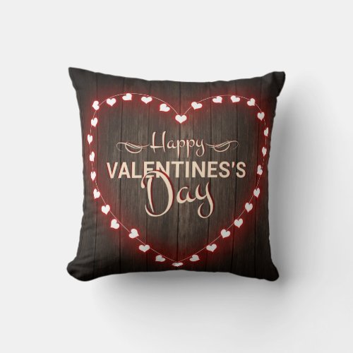 Valentines Day Shinning Heart Wooden Design Throw Pillow