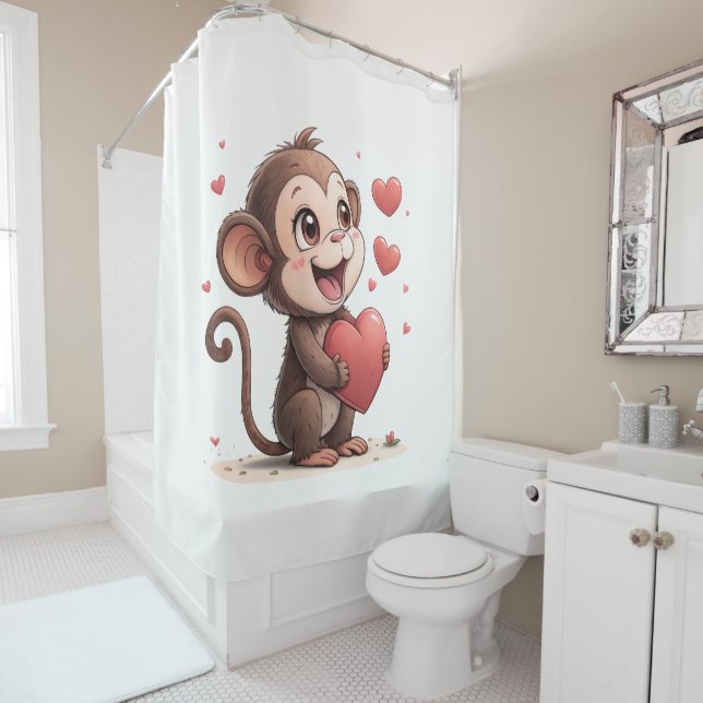 Valentine's Day Shower Curtain, Monkey Red Heart Curtain (In Situ)