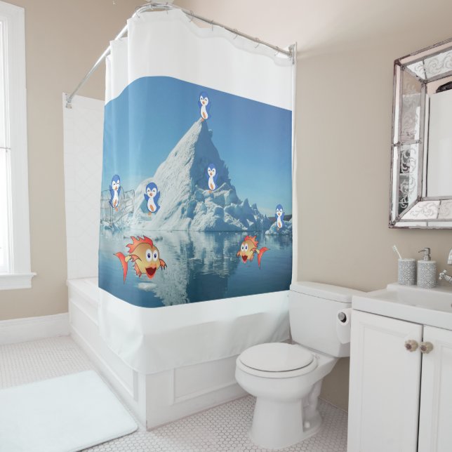 Valentine's Day Shower Curtain, Penguin Curtain (In Situ)