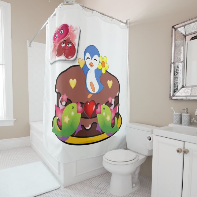 Valentine's Day Shower Curtain, Penguin Curtain (In Situ)