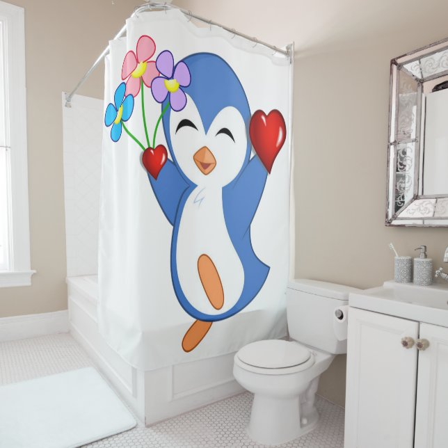 Valentine's Day Shower Curtain, Penguin Curtain (In Situ)