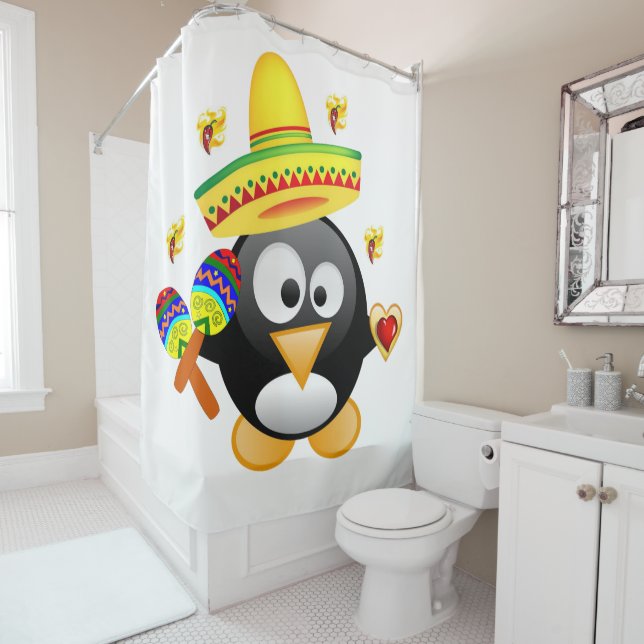 Valentine's Day Shower Curtain, Penguin Curtain (In Situ)