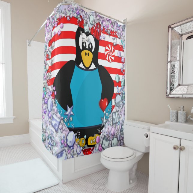 Valentine's Day Shower Curtain, Penguin Curtain (In Situ)