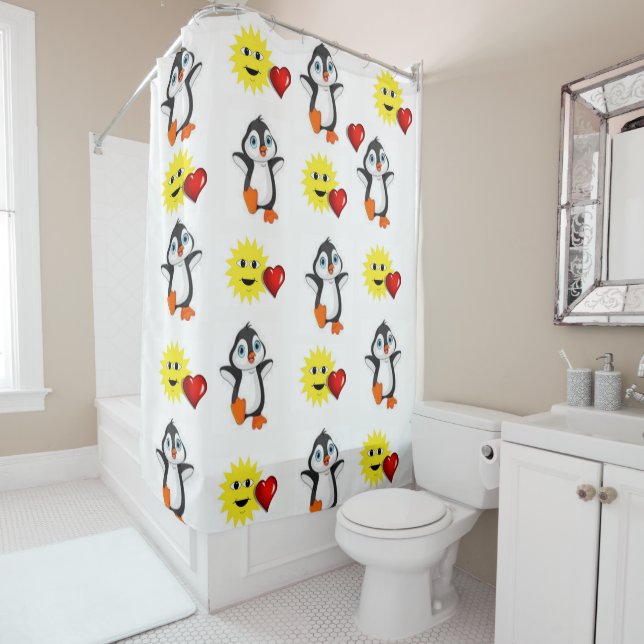 Valentine's Day Shower Curtain, Penguin Curtain (In Situ)