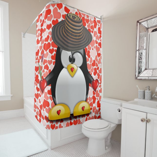 Valentine's Day Shower Curtain, Penguin Curtain (In Situ)