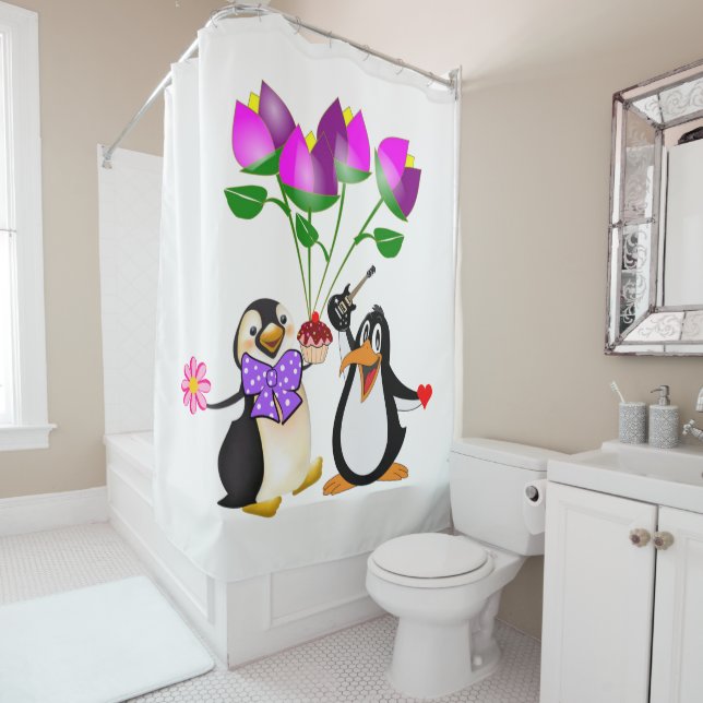 Valentine's Day Shower Curtain, Penguin Curtain (In Situ)