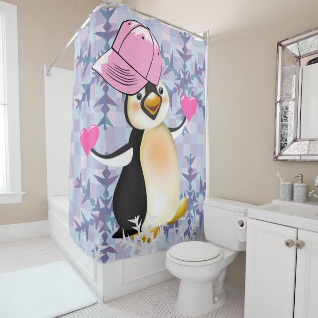 Valentine's Day Shower Curtain, Penguin Curtain (In Situ)