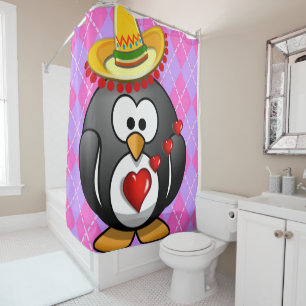 Valentine's Day Shower Curtain, Penguin Shower Curtain