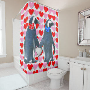 Valentine's Day Shower Curtain, Penguin Shower Curtain