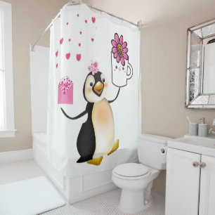 Valentine's Day Shower Curtain, Penguin Shower Curtain