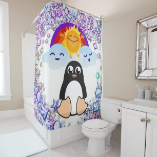 Valentine's Day Shower Curtain, Penguin SunRainbow Shower Curtain