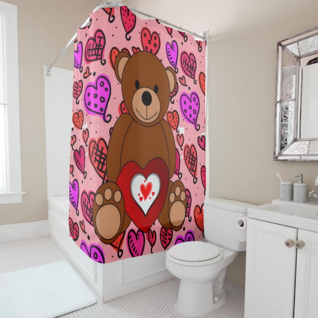 Valentine's Day Shower Curtain, Teddy Bear Curtain (In Situ)
