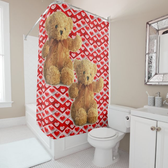 Valentine's Day Shower Curtain, Teddy Bear Curtain (In Situ)