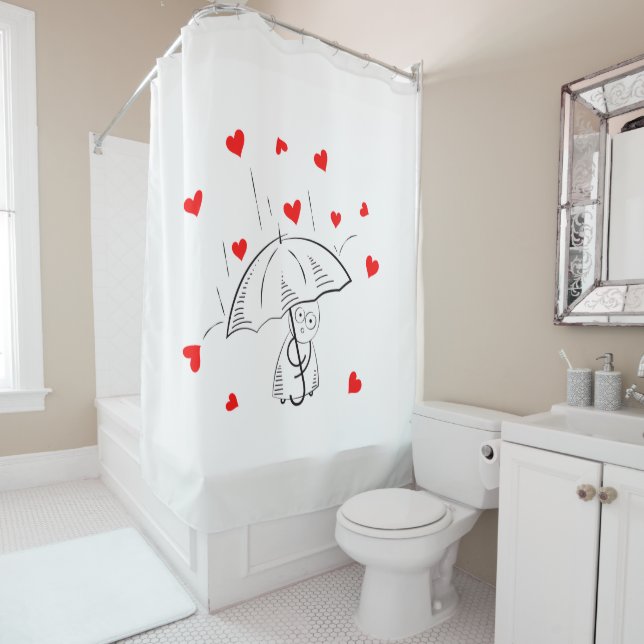Valentine's Day Shower Curtain, Umbrella Red Heart Shower Curtain (In Situ)