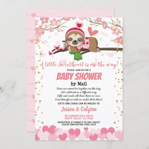 Valentines Day Sloth Baby Shower By Mail Pink Invitation