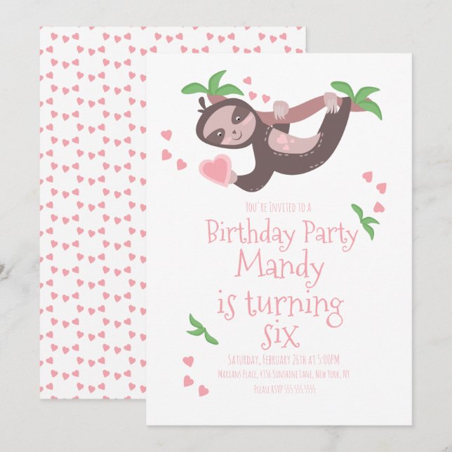 Valentines Day Sloth Birthday Party Hearts Pink (Front/Back)