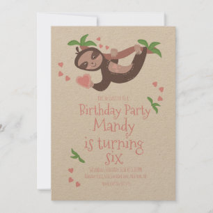 Valentines Day Sloth Birthday Party Hearts Pink Invitation
