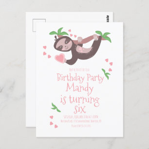 Valentines Day Sloth Birthday Party Hearts Postcard