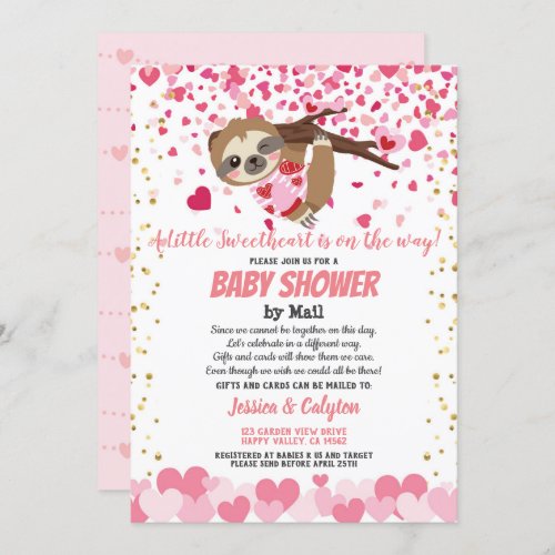 Valentines Day Sloth Girl Baby Shower By Mail Pink Invitation