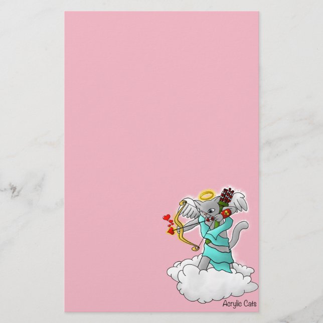 Valentine's Day Smokey Gray Cupid Cat Stationery (Front)