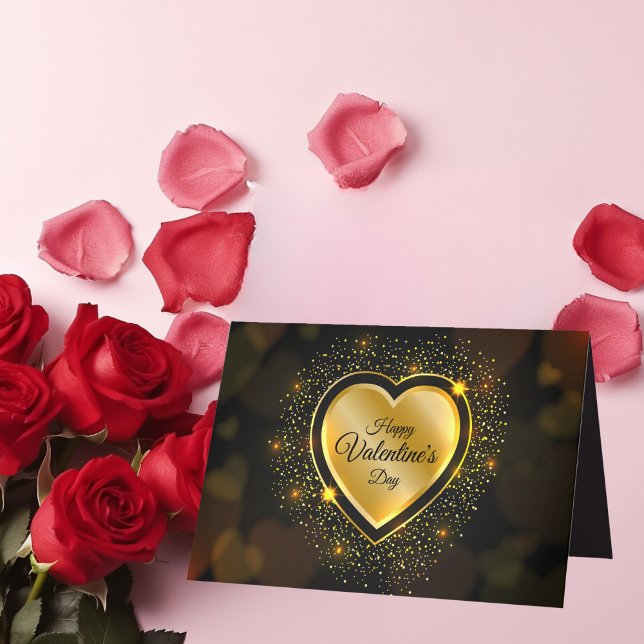 Valentine's Day Sparkling Golden Heart Black Holiday Card (Creator Uploaded)
