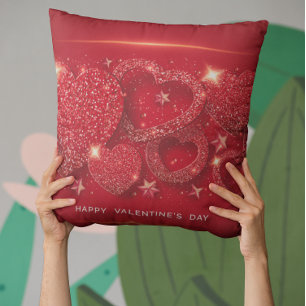Valentine's Day Sparkling Hearts Gold Stars Red  Throw Pillow